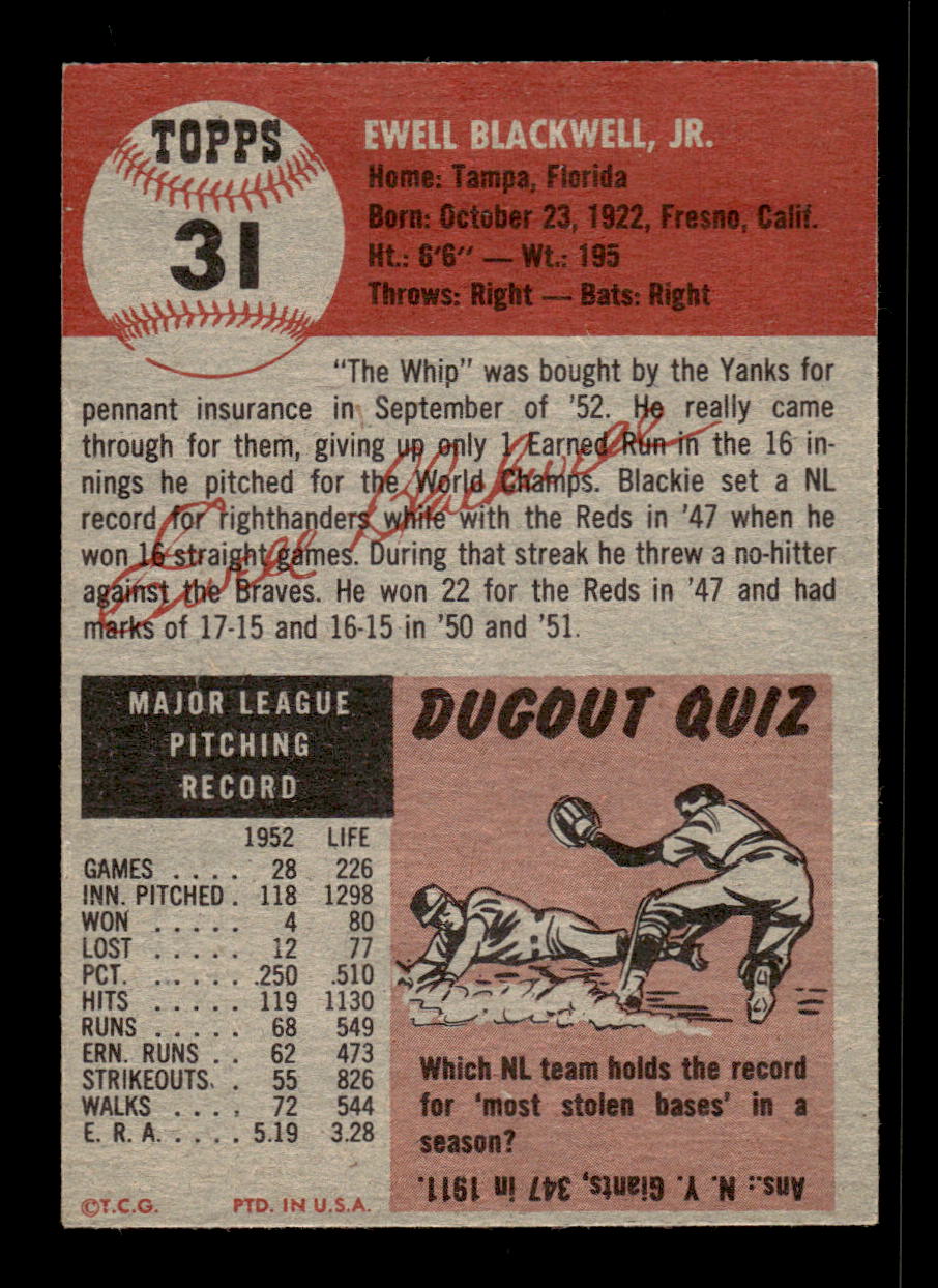 1953 Topps #31 Ewell Blackwell New York Yankees VGEX HOF10010013