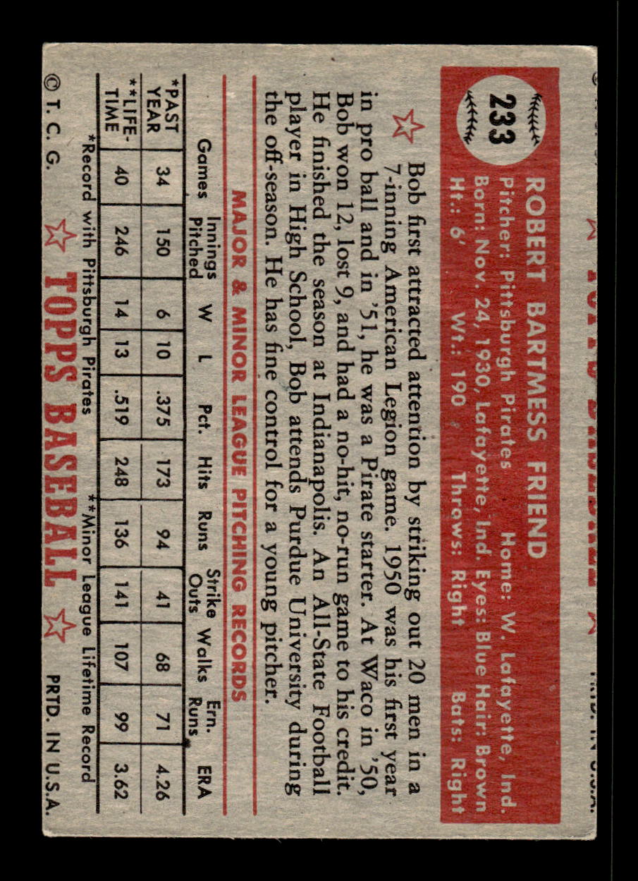 1952 Topps #233 Bob Friend Pittsburgh Pirates VGEX HOF10010018