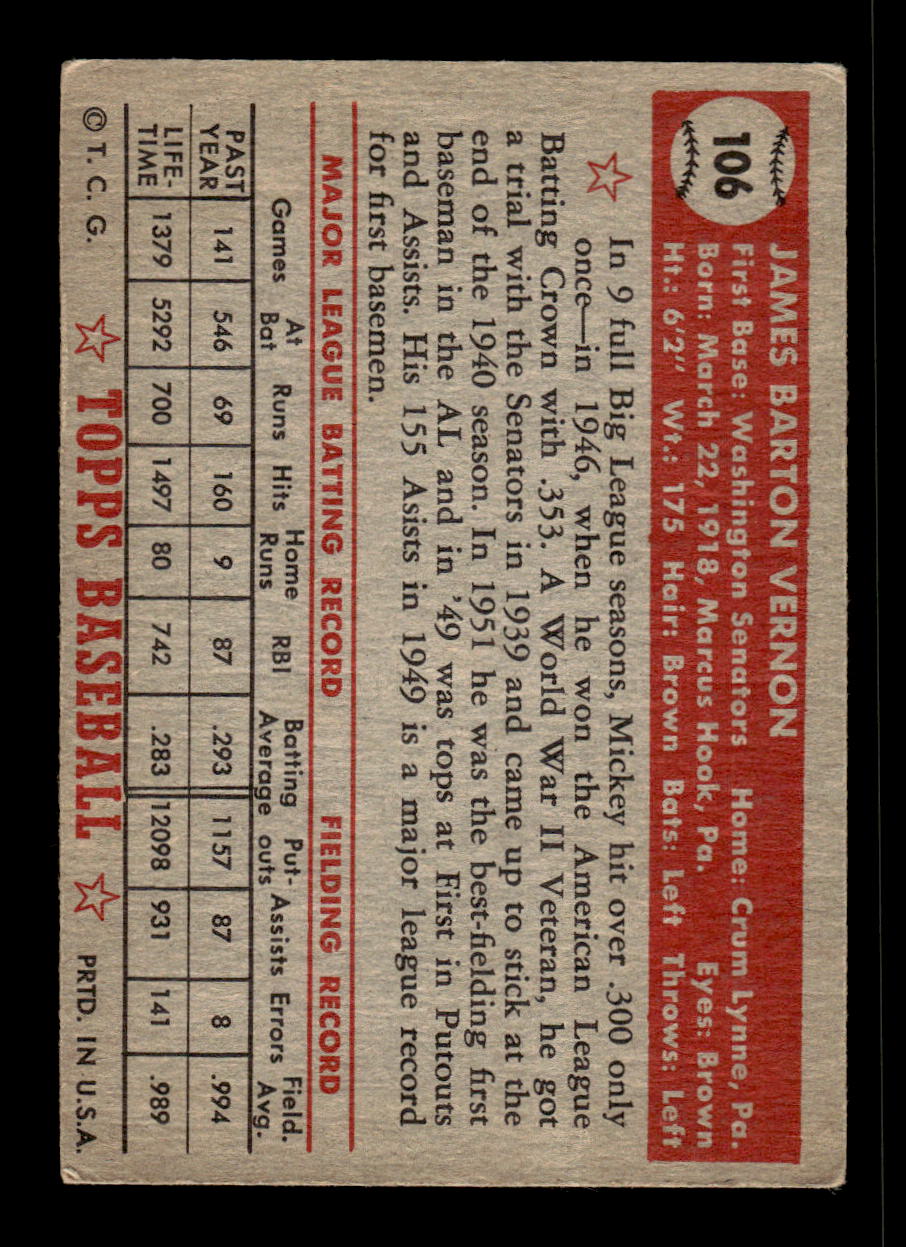 1952 Topps #106 Mickey Vernon Washington Senators VGEX HOF10010019