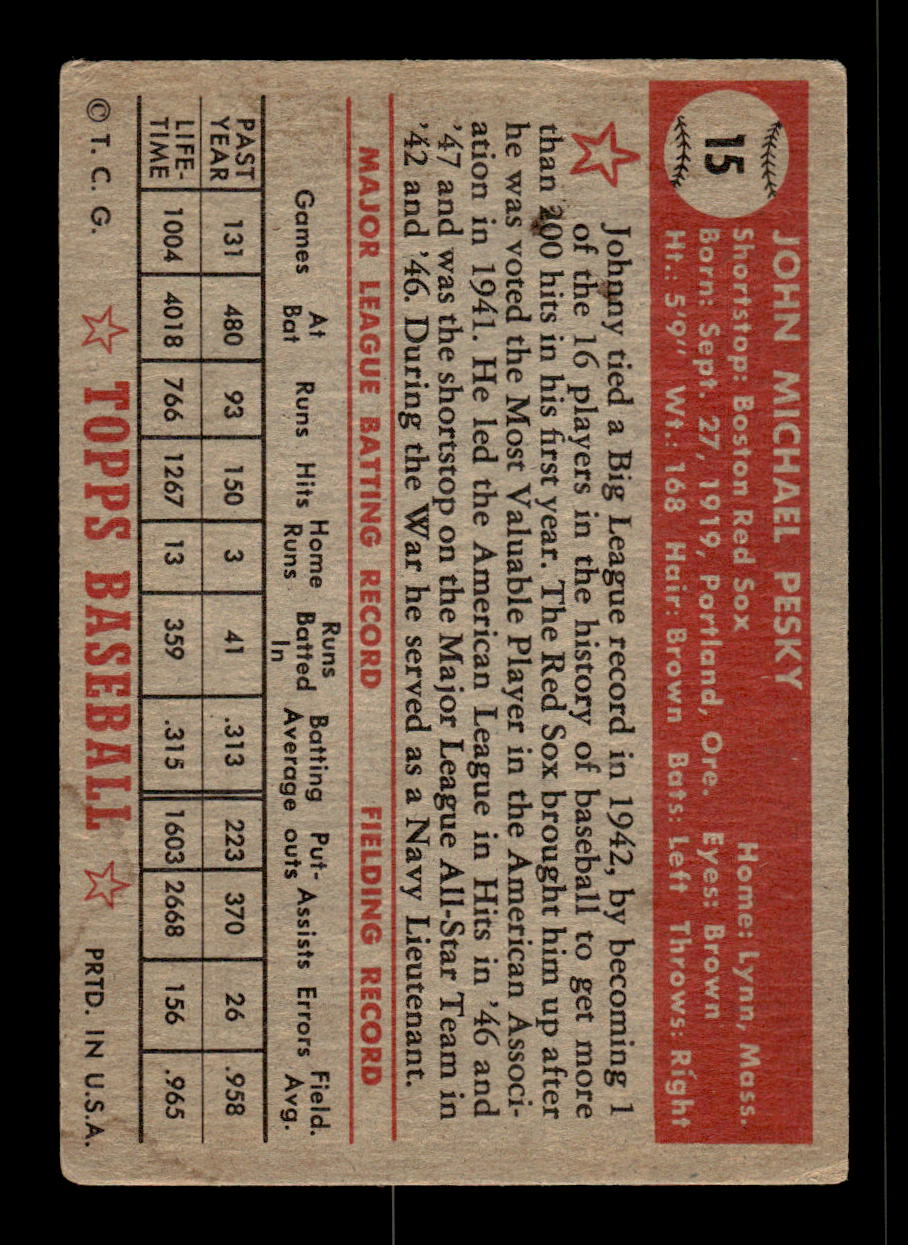 1952 Topps #15 Johnny Pesky Boston Red Sox VG HOF10010021