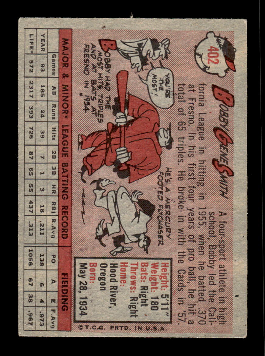1958 Topps #402 Bobby Gene Smith St. Louis Cardinals VGEX HOF10010030