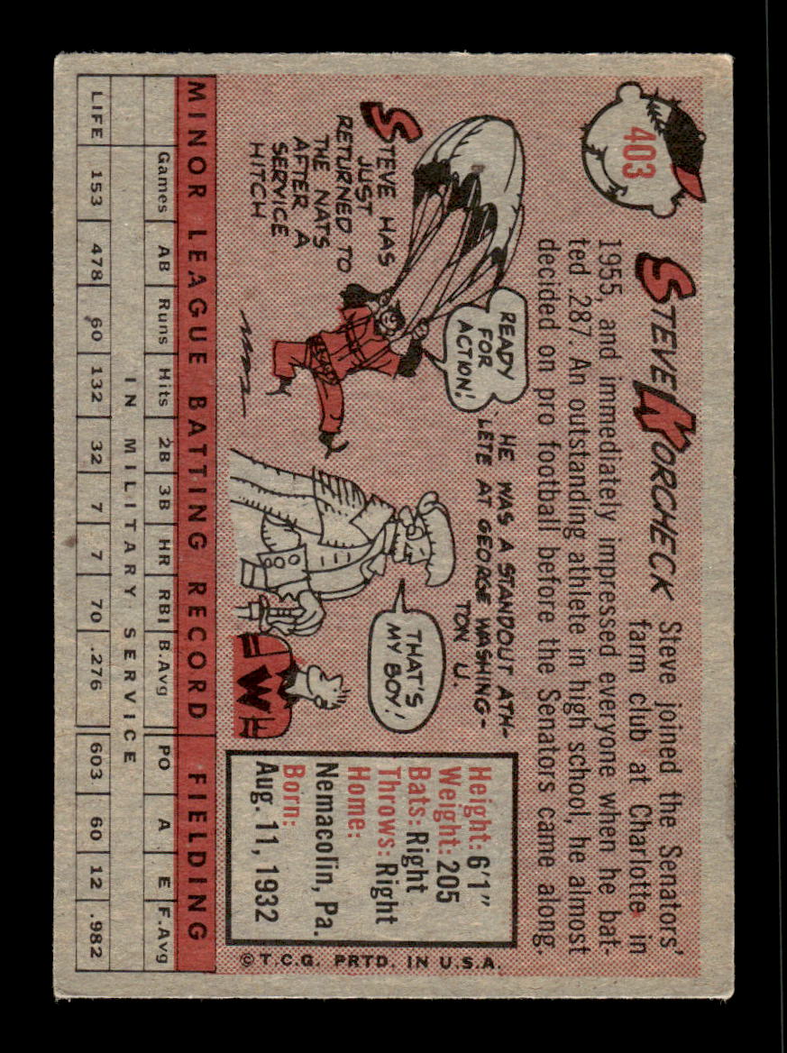 1958 Topps #403 Steve Korcheck Washington Senators VGEX HOF10010031