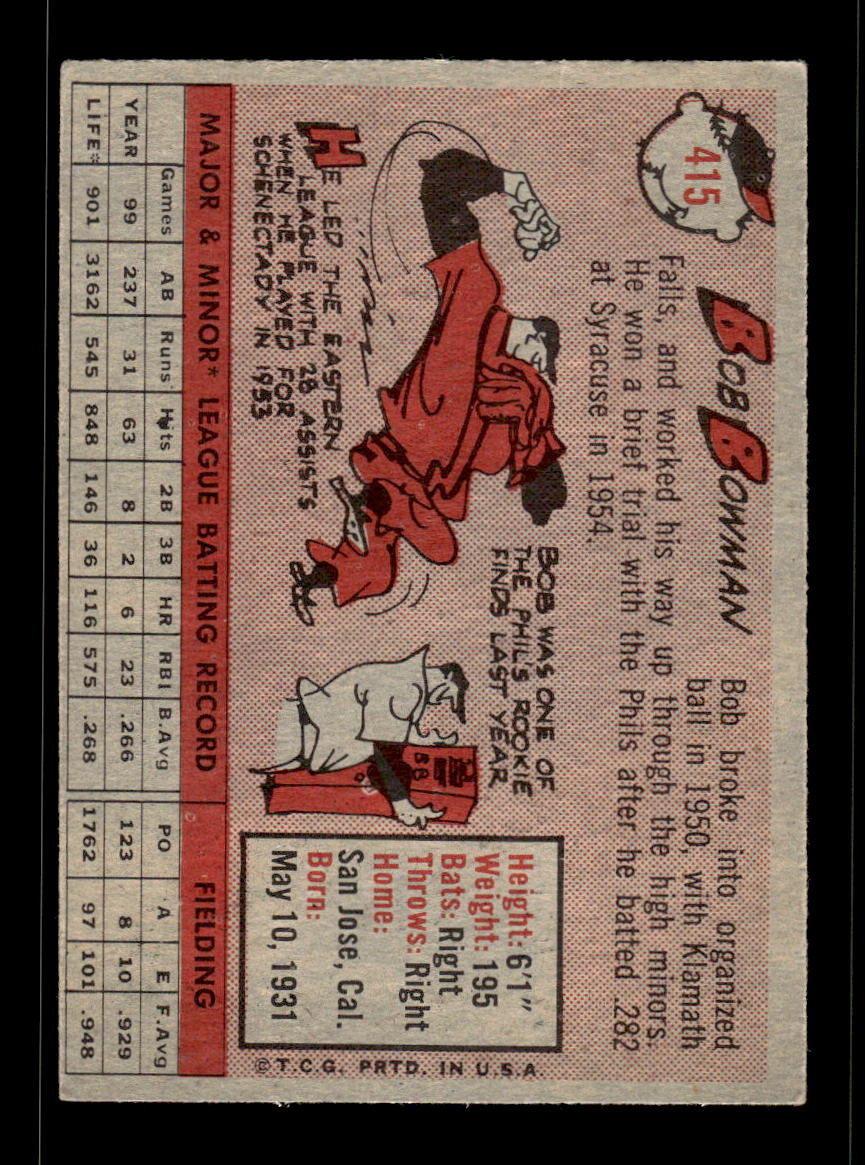 1958 Topps #415 Bob Bowman Philadelphia Phillies VGEX HOF10010043