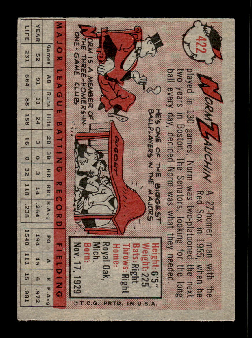 1958 Topps #422 Norm Zauchin Washington Senators VGEX HOF10010048