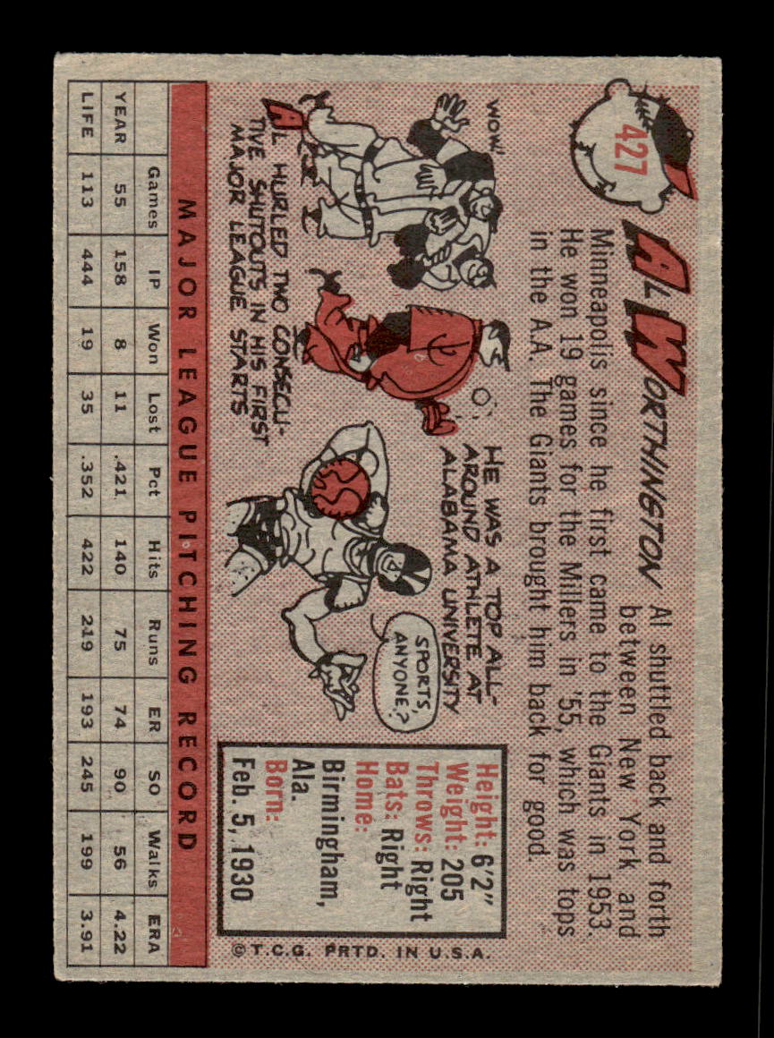 1958 Topps #427 Al Worthington San Francisco Giants VGEX HOF10010053
