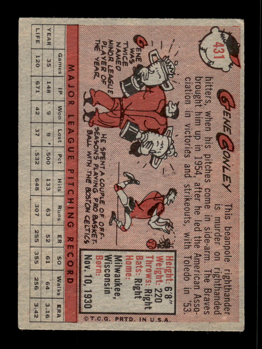 1958 Topps #431 Gene Conley Milwaukee Braves VGEX HOF10010057
