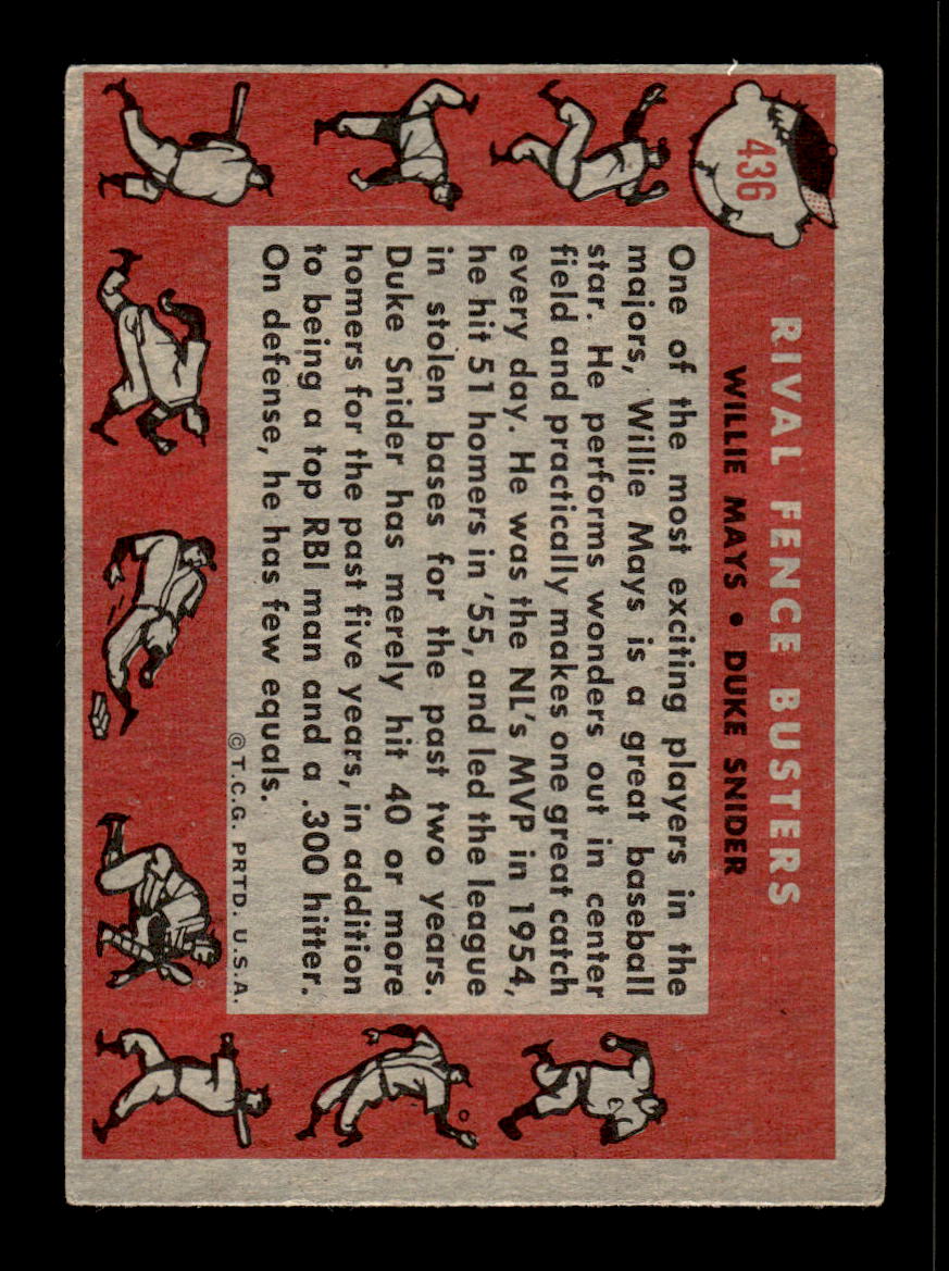 1958 Topps #436 Rival Fence Busters (Willie Mays / Duke Snider) VG HOF10010062