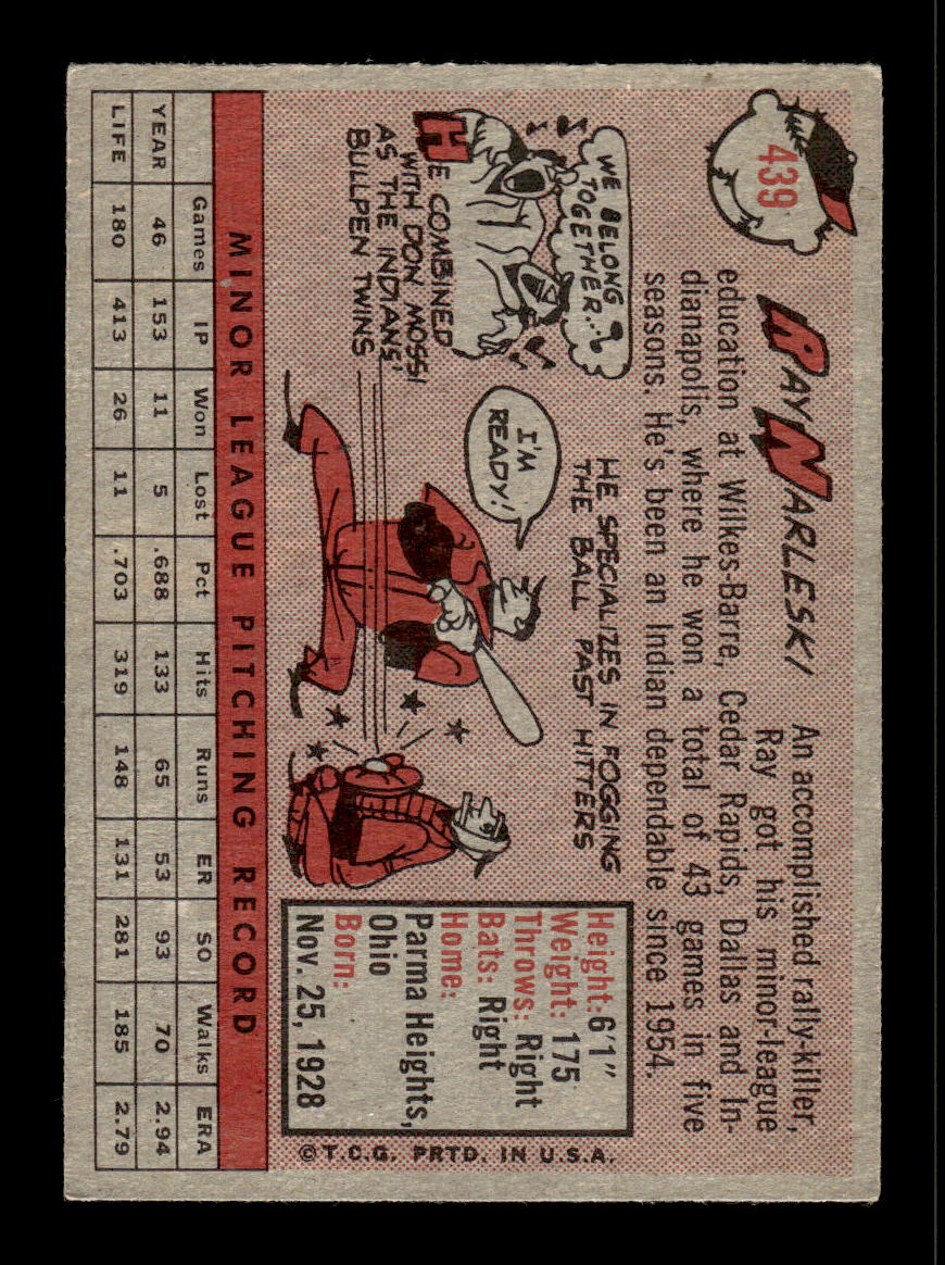1958 Topps #439 Ray Narleski Cleveland Indians VGEX HOF10010064