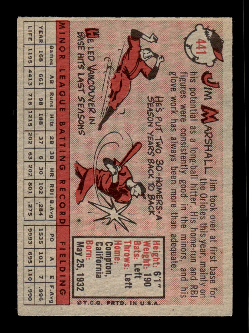 1958 Topps #441 Jim Marshall Baltimore Orioles VGEX HOF10010066