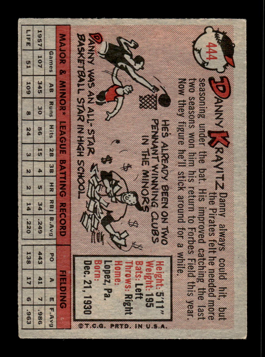 1958 Topps #444 Danny Kravitz Pittsburgh Pirates VGEX HOF10010069