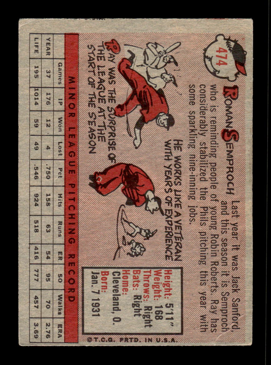 1958 Topps #474 Roman Semproch Philadelphia Phillies VGEX HOF10010076