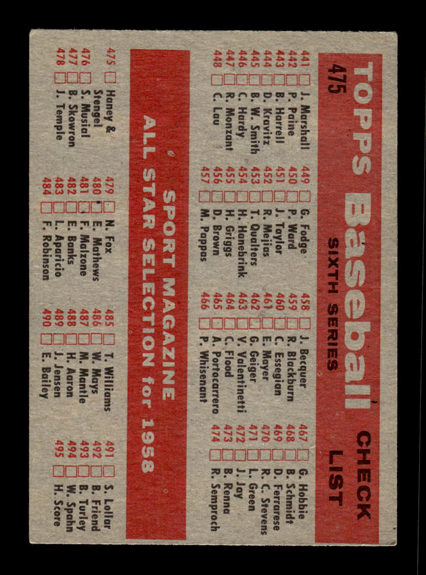 1958 Topps #475 All-Star Managers Stengel Haney EX HOF10010077