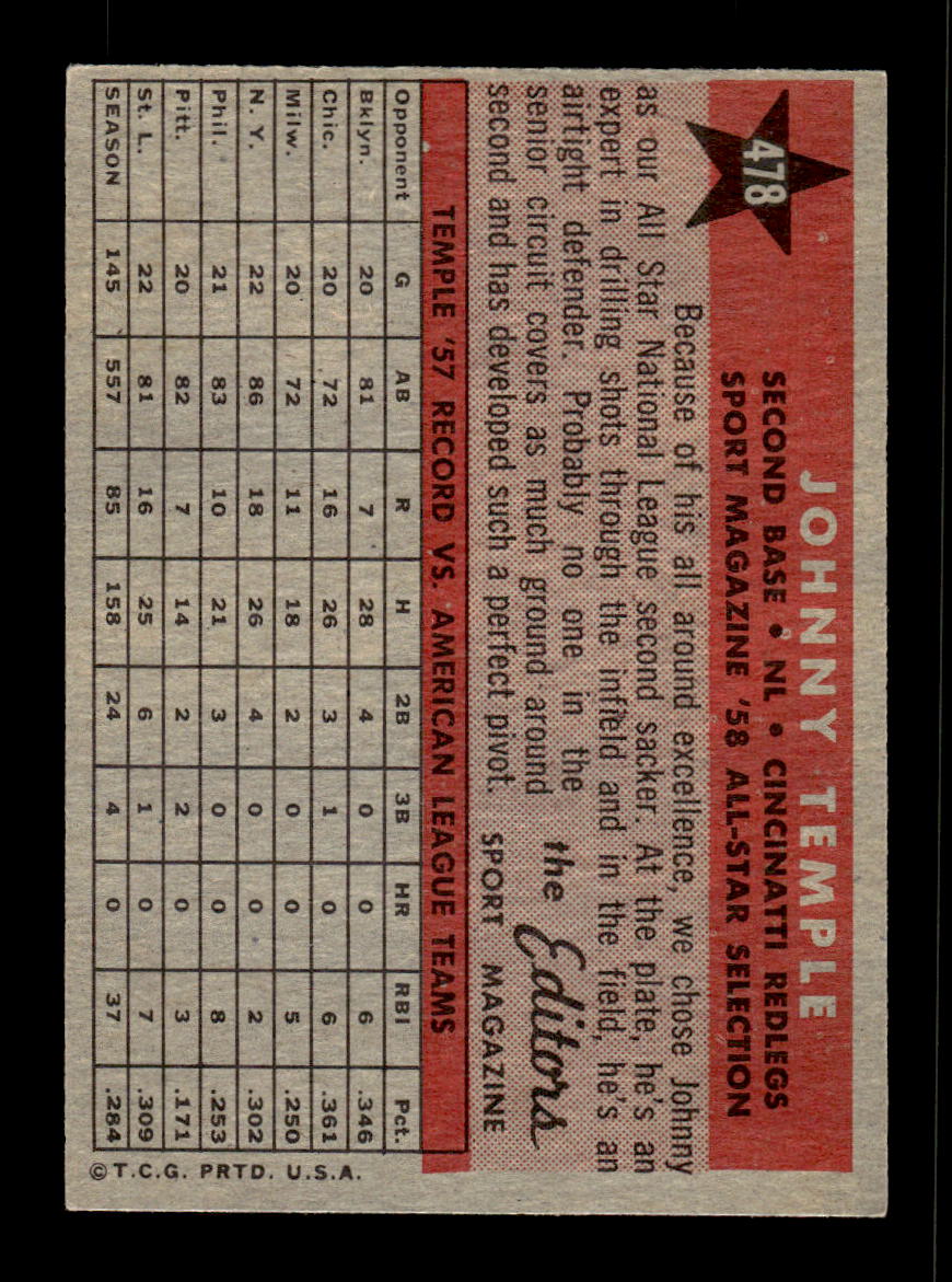 1958 Topps #478 Johnny Temple Cincinnati Redlegs EX HOF10010079