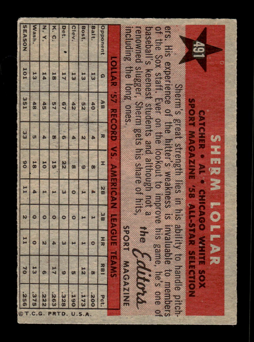 1958 Topps #491 Sherm Lollar Chicago White Sox VGEX HOF10010090