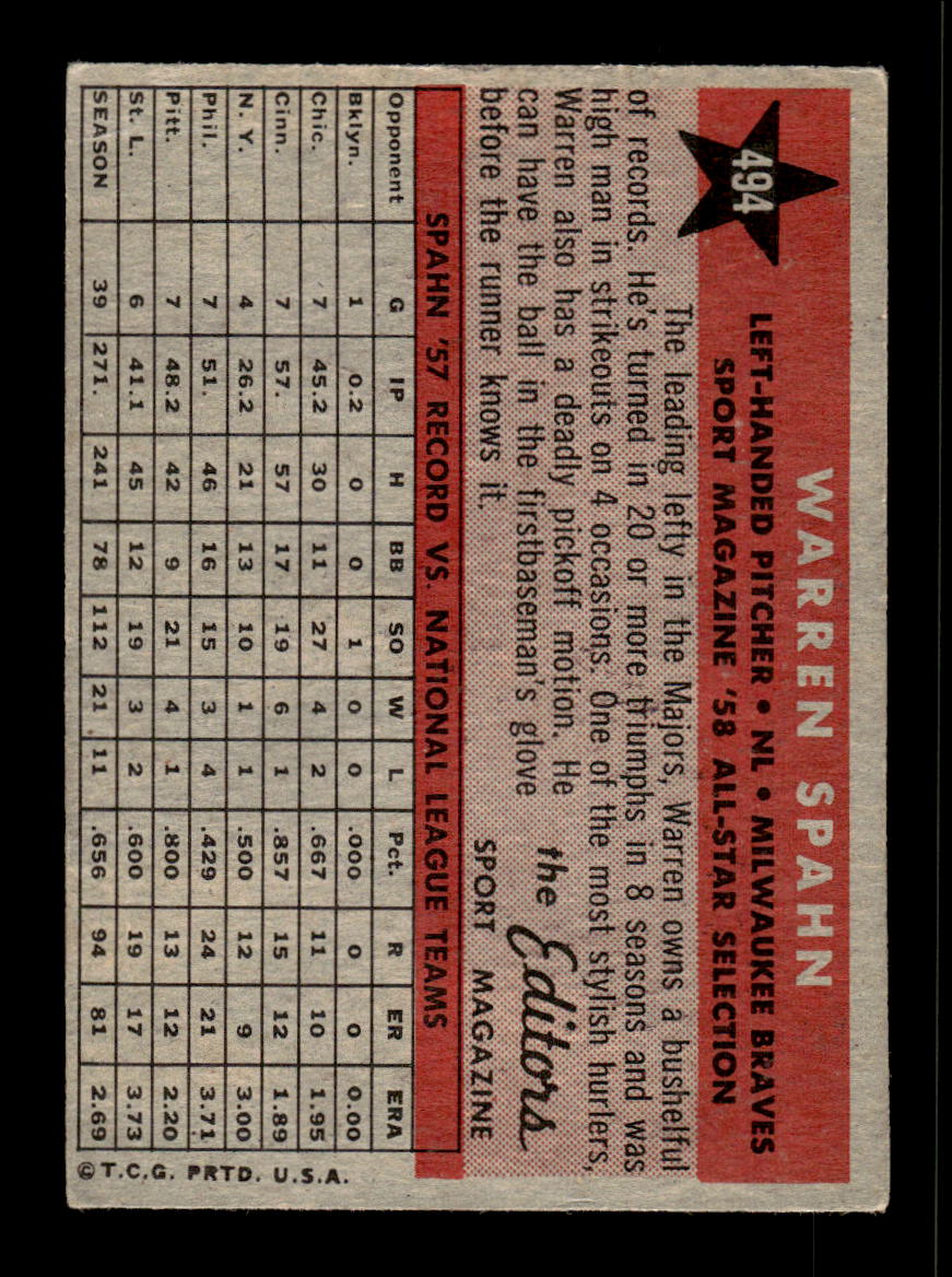 1958 Topps #494 Warren Spahn Milwaukee Braves VGEX HOF10010093