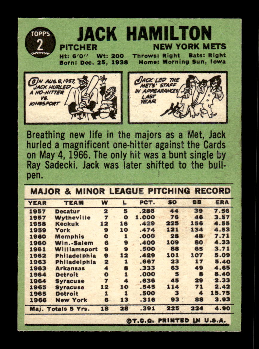 1967 Topps #2 Jack Hamilton PACK FRESH HOF10010095