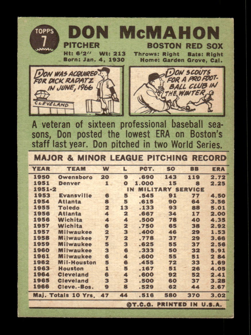 1967 Topps #7 Don McMahon PACK FRESH HOF10010100