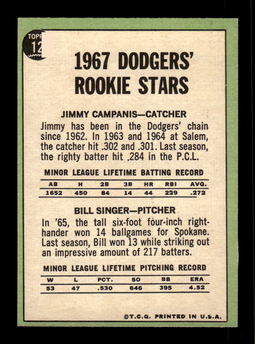 1967 Topps #12 Dodgers 1967 Rookie Stars Campanis Singer PACK FRESH HOF10010105
