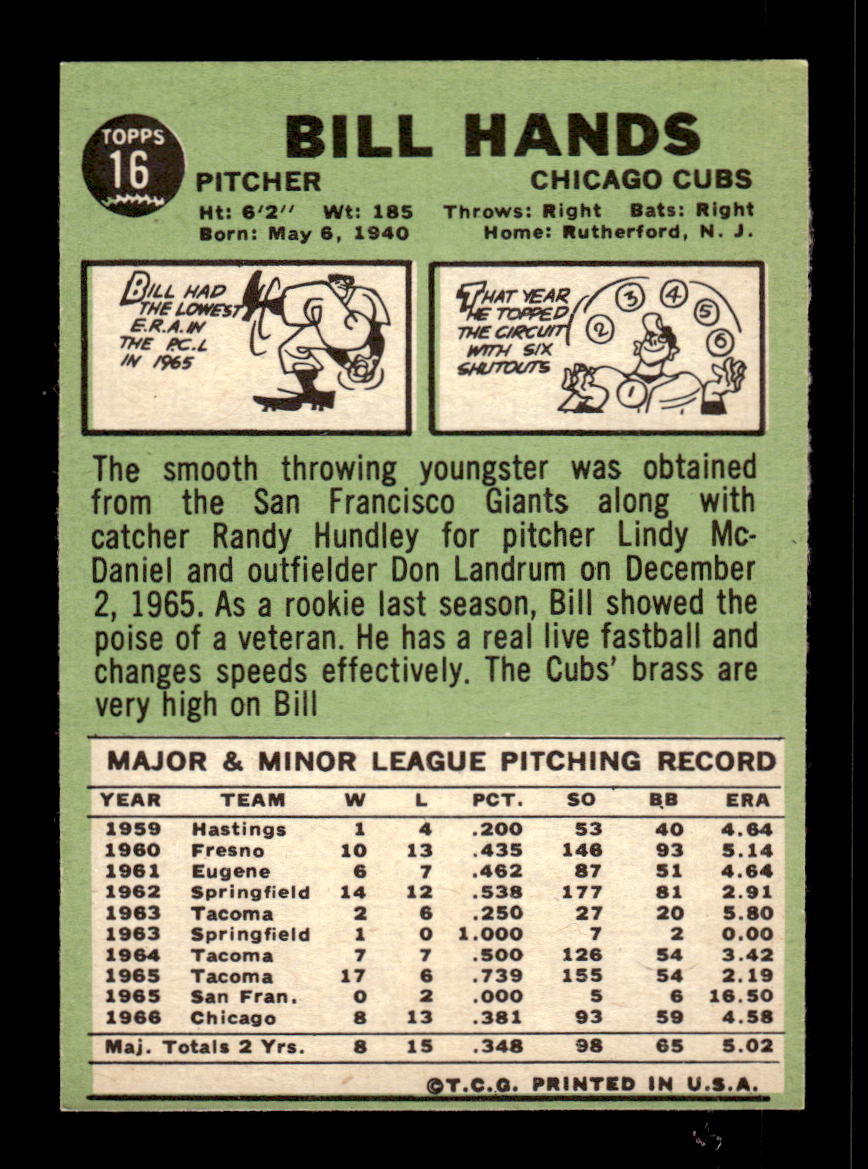 1967 Topps #16 Bill Hands PACK FRESH HOF10010109