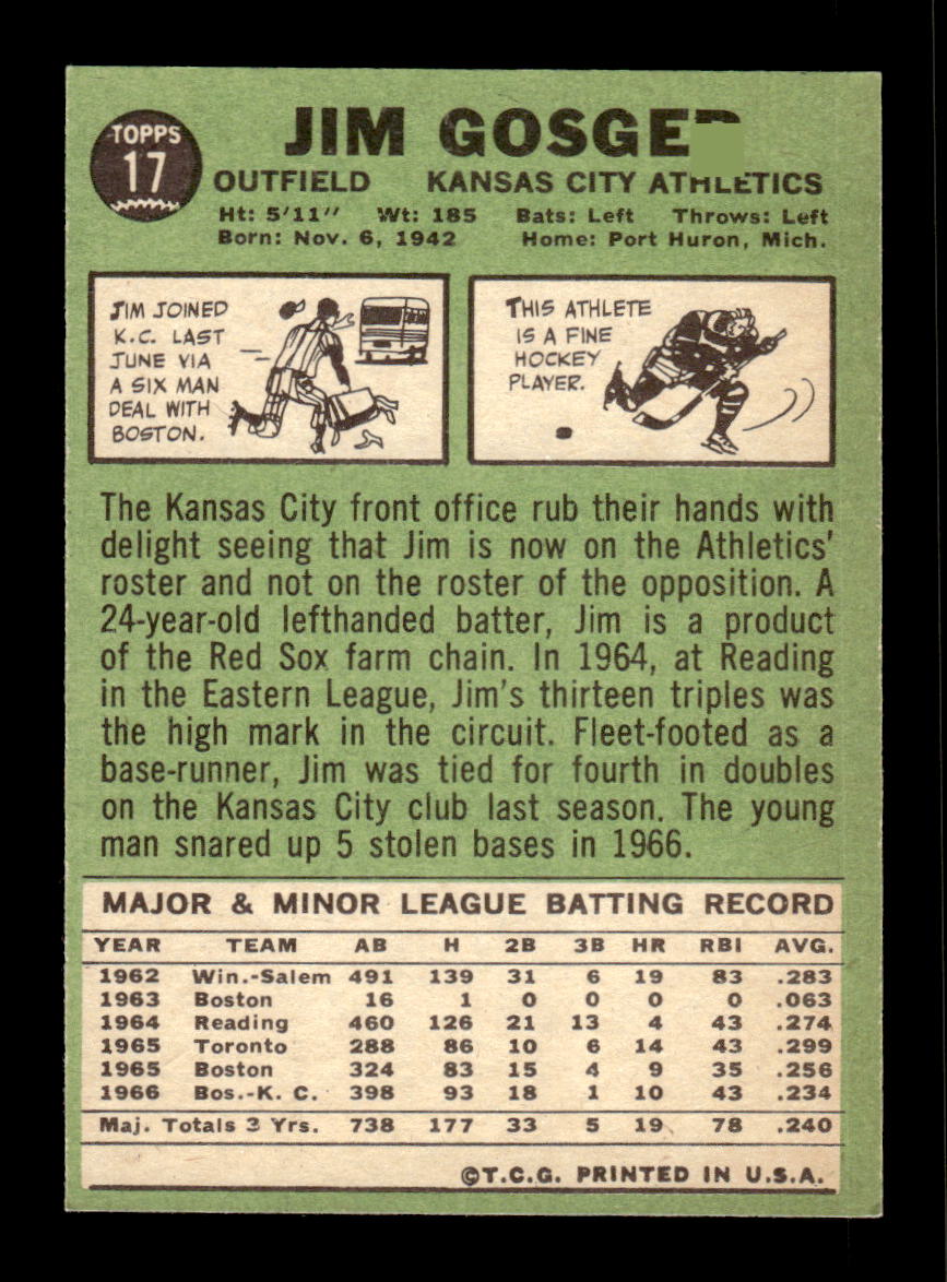 1967 Topps #17 Jim Gosger PACK FRESH HOF10010110