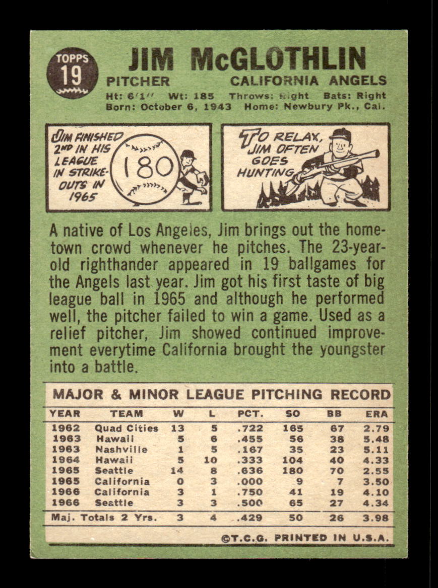 1967 Topps #19 Jim McGlothlin PACK FRESH HOF10010112