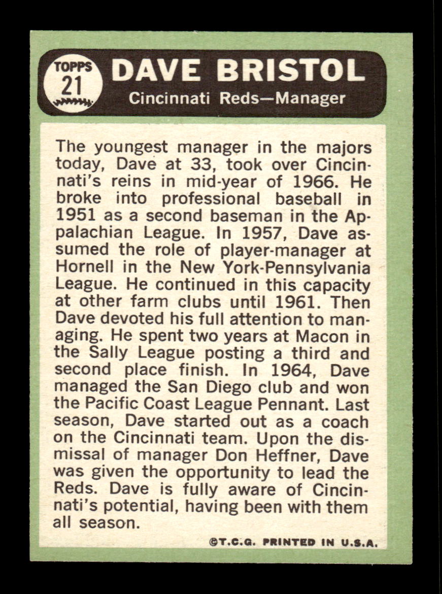 1967 Topps #21 Dave Bristol PACK FRESH HOF10010114