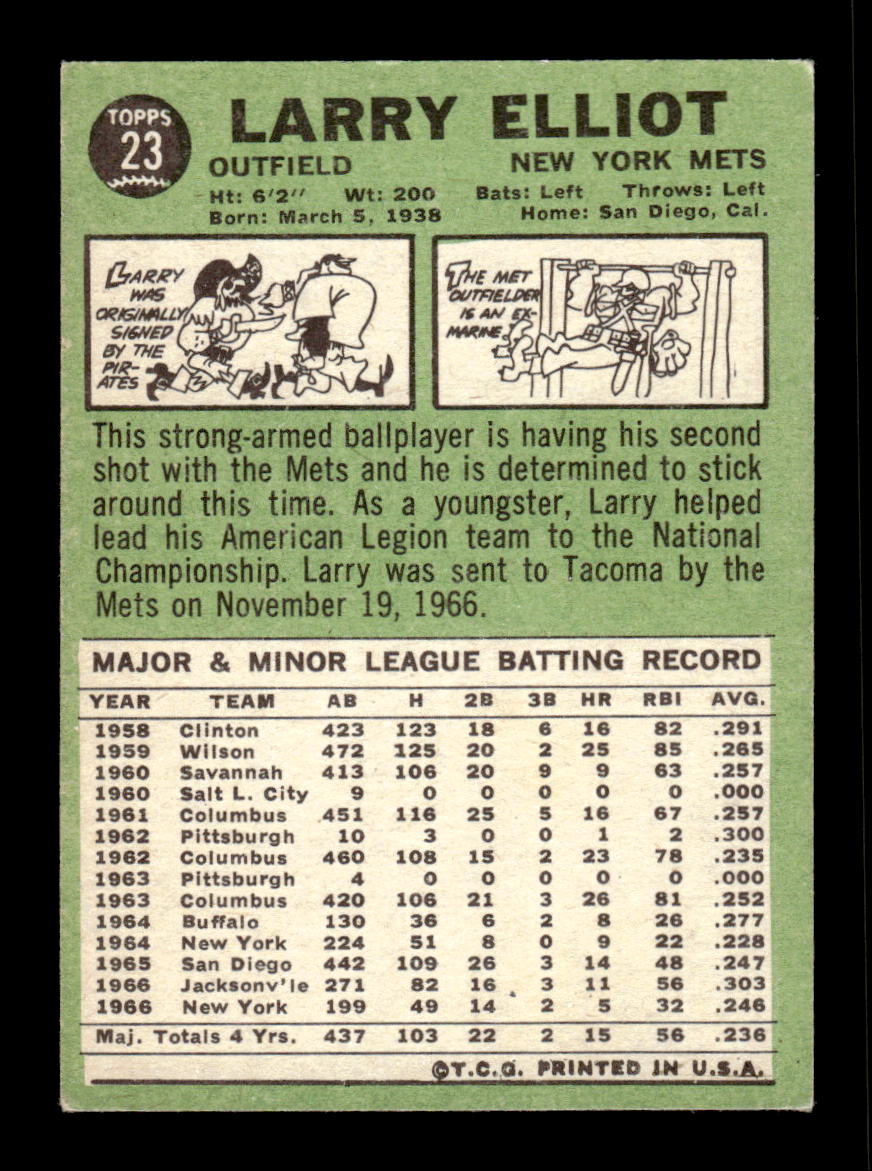 1967 Topps #23 Larry Elliot PACK FRESH HOF10010116