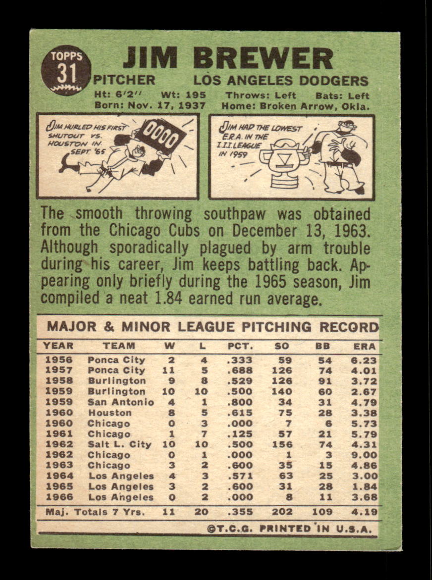 1967 Topps #31 Jim Brewer PACK FRESH HOF10010124