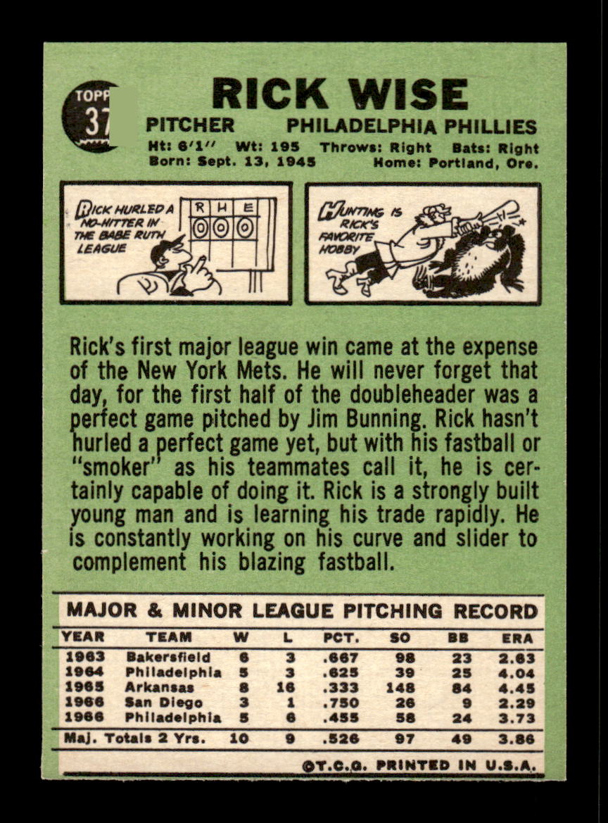 1967 Topps #37 Rick Wise PACK FRESH HOF10010130