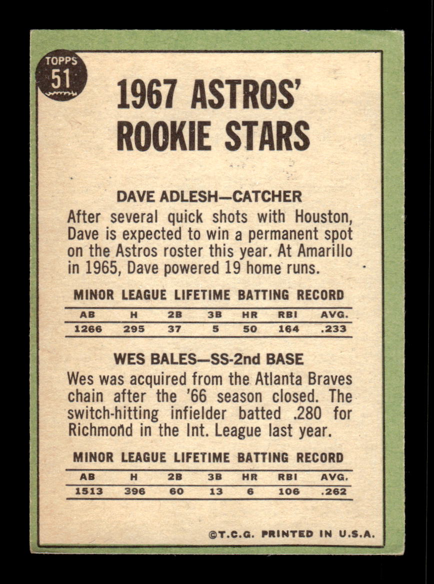 1967 Topps #51 Astros 1967 Rookie Stars Adlesh Bales PACK FRESH HOF10010141