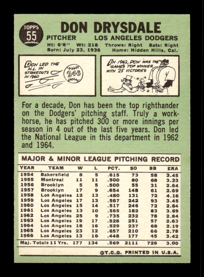 1967 Topps #55 Don Drysdale PACK FRESH HOF10010145