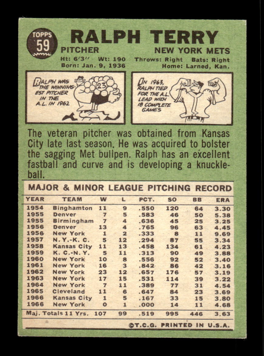1967 Topps #59 Ralph Terry PACK FRESH HOF10010149