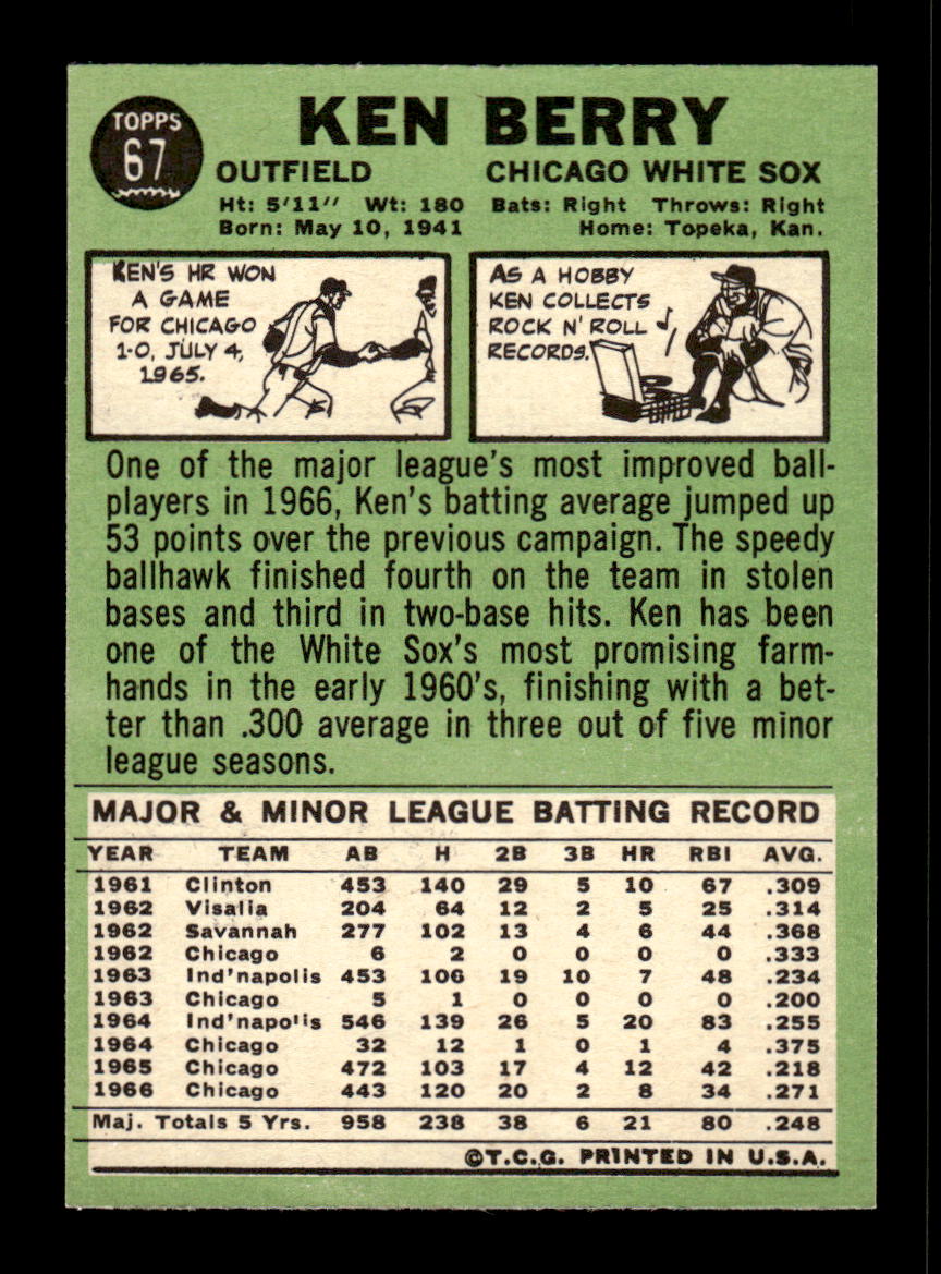 1967 Topps #67 Ken Berry PACK FRESH HOF10010157
