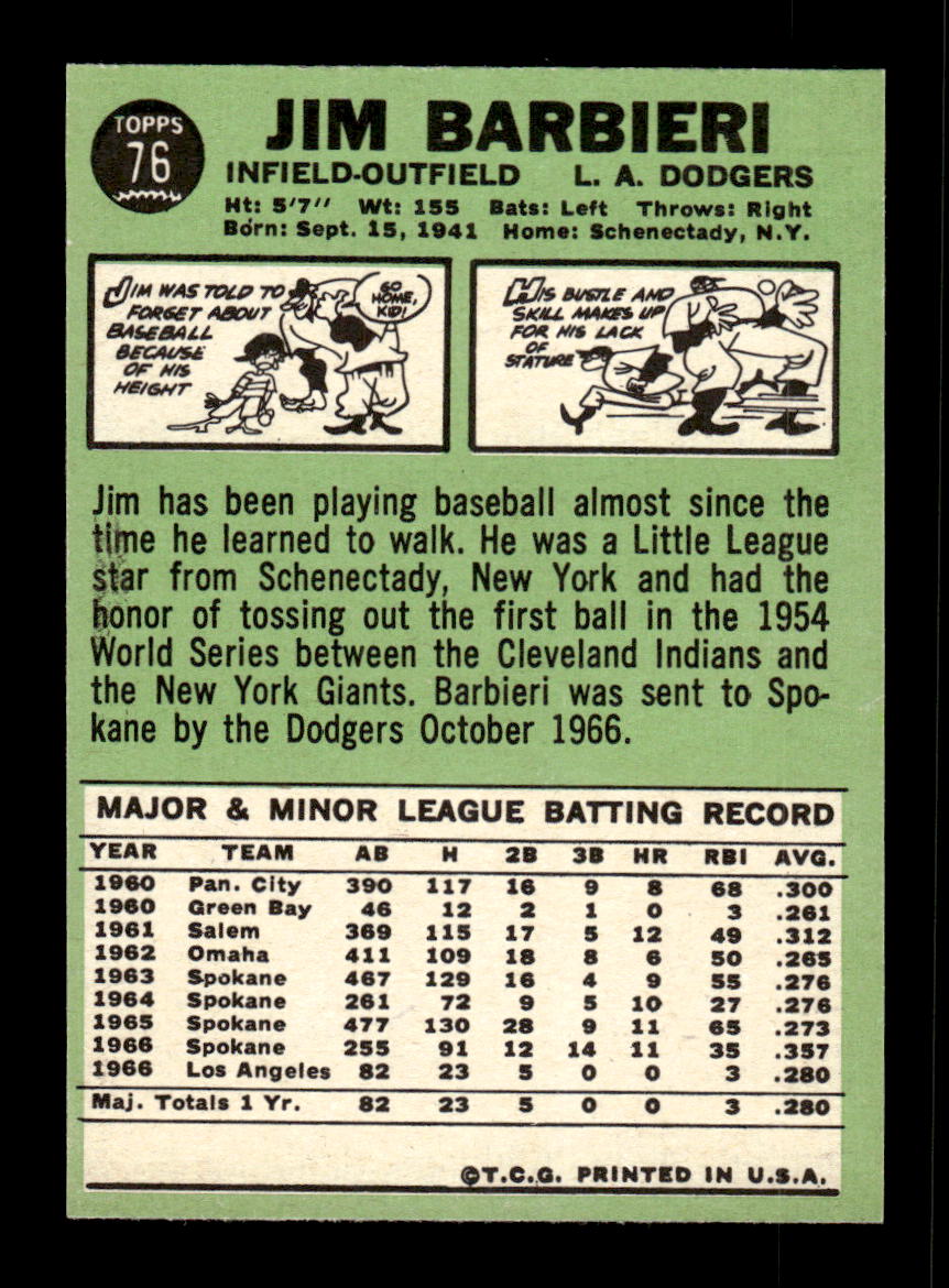 1967 Topps #76 Jim Barbieri PACK FRESH HOF10010165