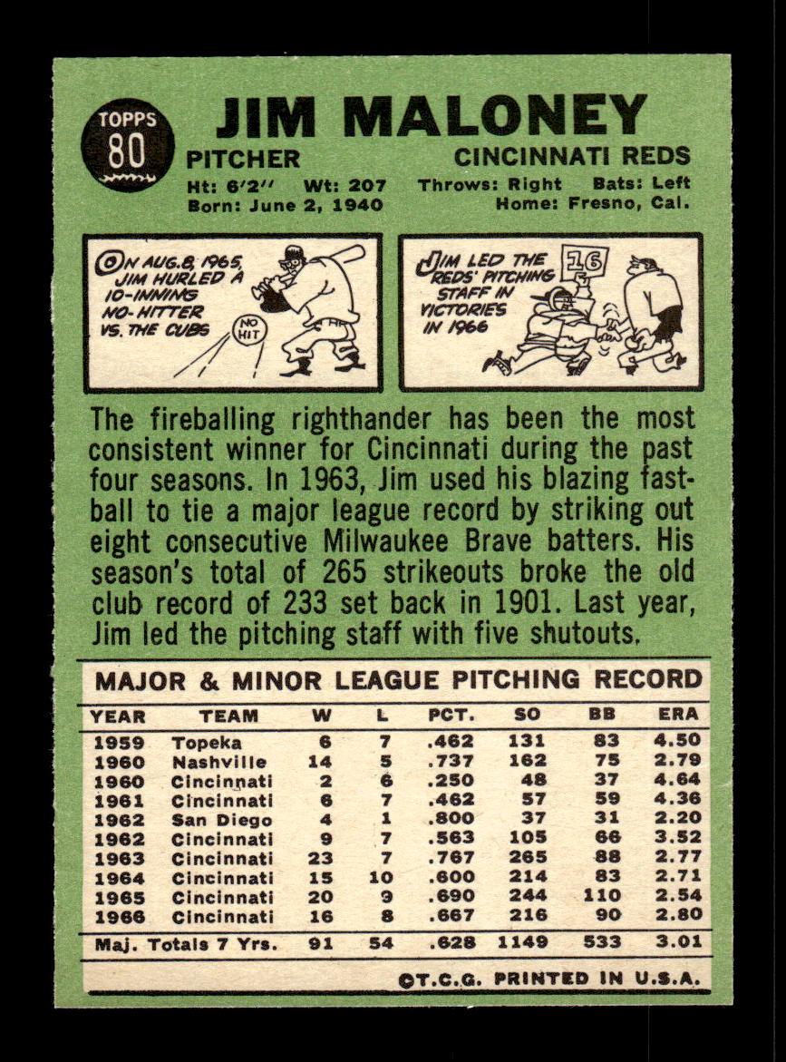 1967 Topps #80 Jim Maloney PACK FRESH HOF10010169