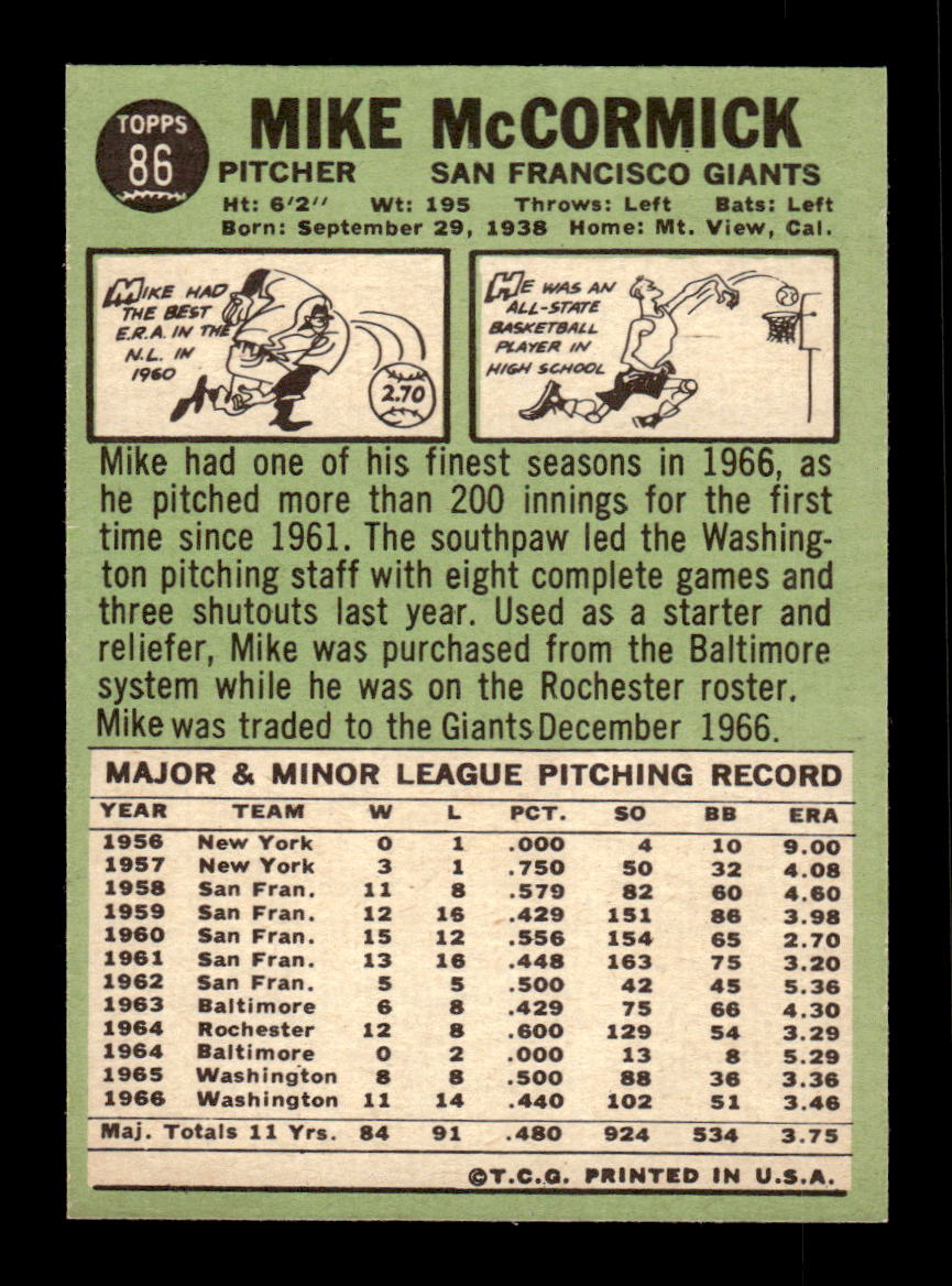 1967 Topps #86a Mike McCormick PACK FRESH HOF10010175