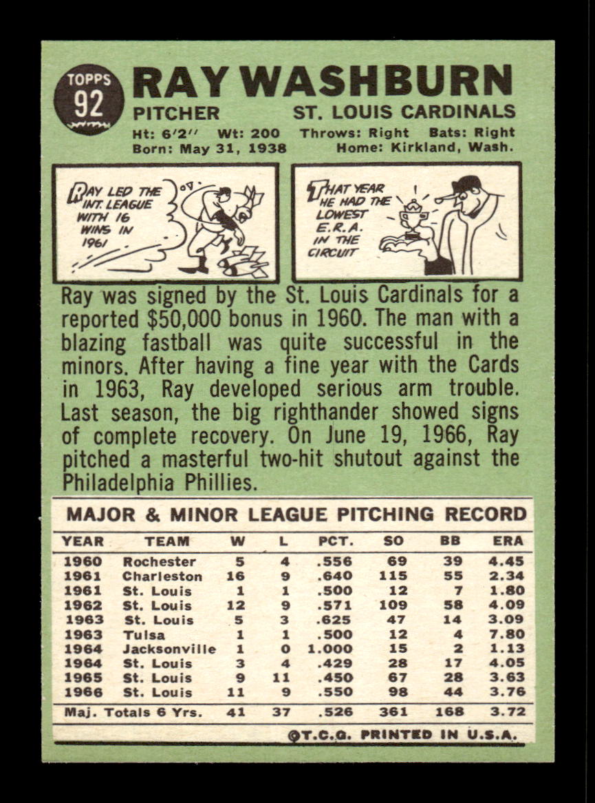1967 Topps #92 Ray Washburn PACK FRESH HOF10010181