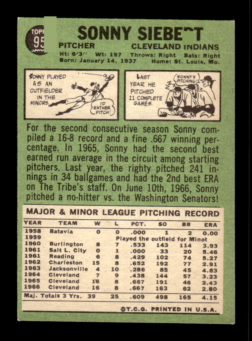 1967 Topps #95 Sonny Siebert PACK FRESH HOF10010184
