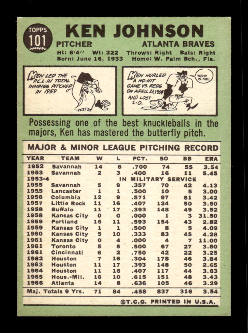 1967 Topps #101 Ken Johnson PACK FRESH HOF10010189