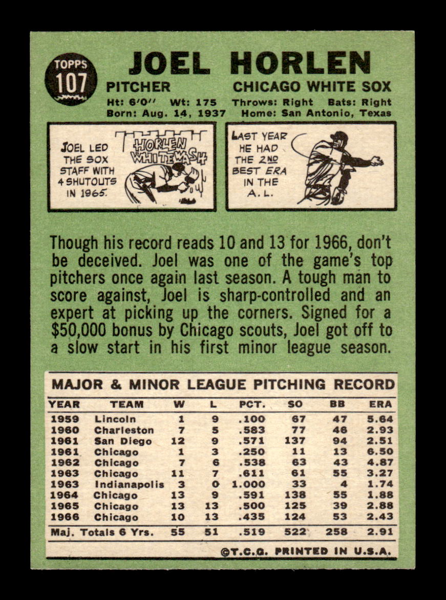 1967 Topps #107 Joel Horlen PACK FRESH HOF10010194