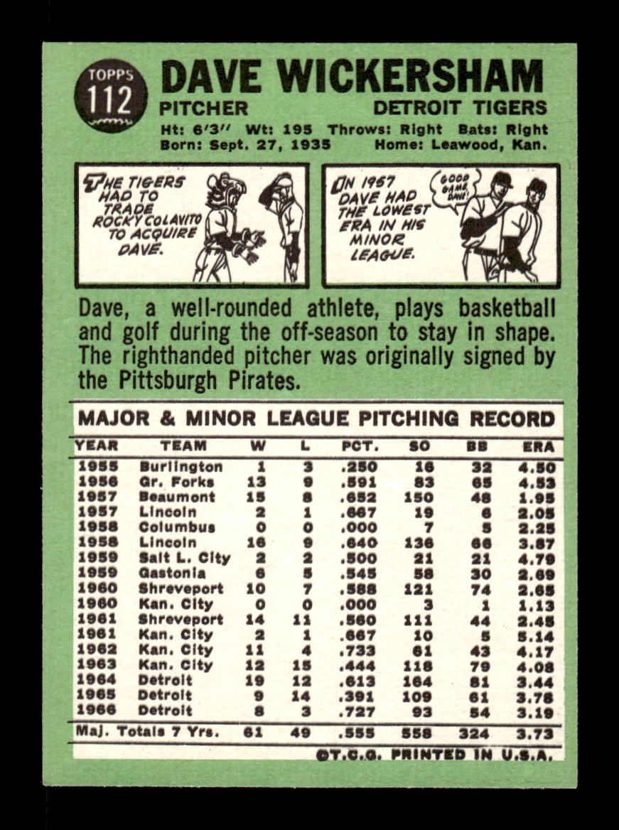 1967 Topps #112 Dave Wickersham PACK FRESH HOF10010199
