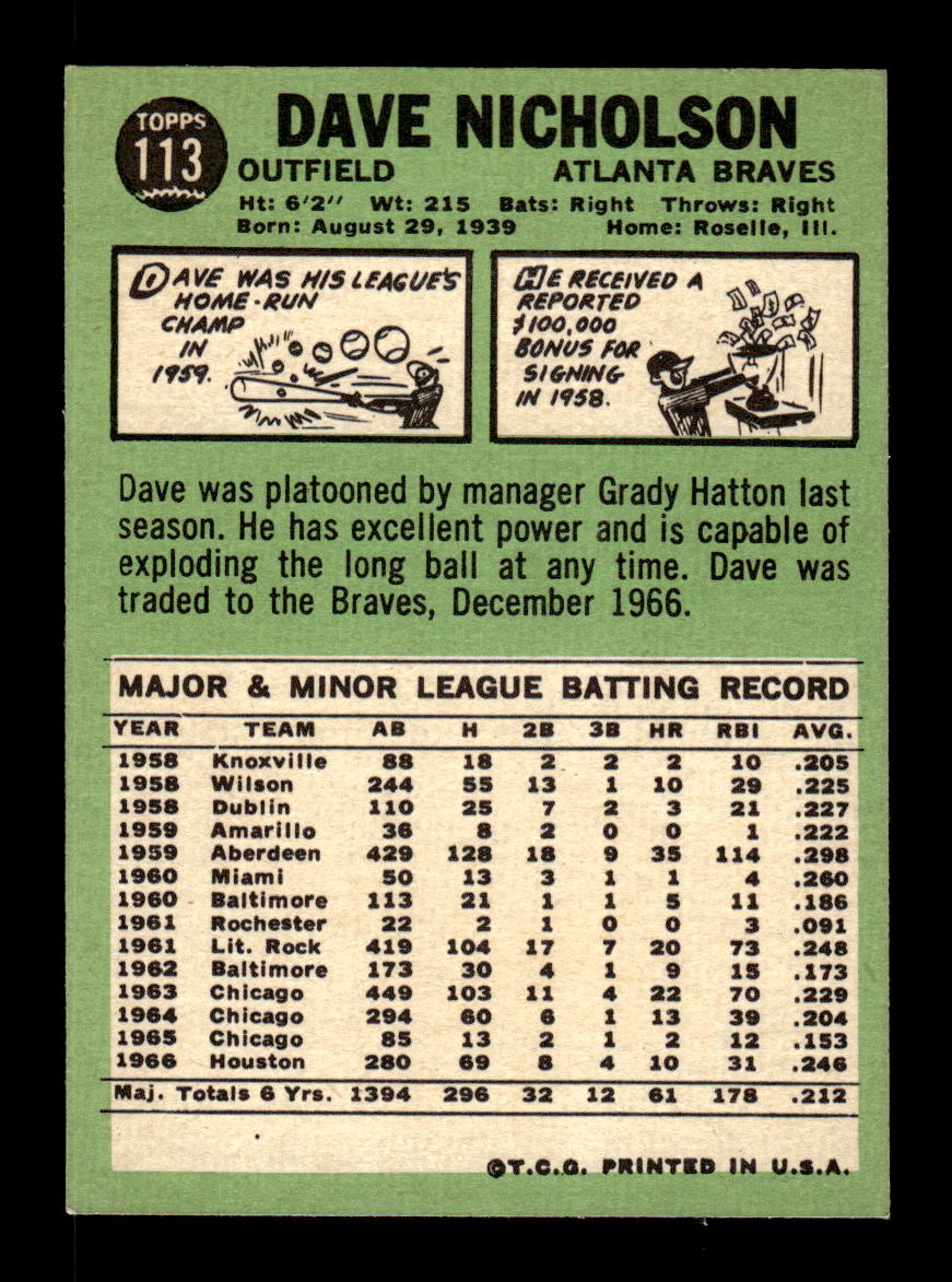 1967 Topps #113 Dave Nicholson PACK FRESH HOF10010200