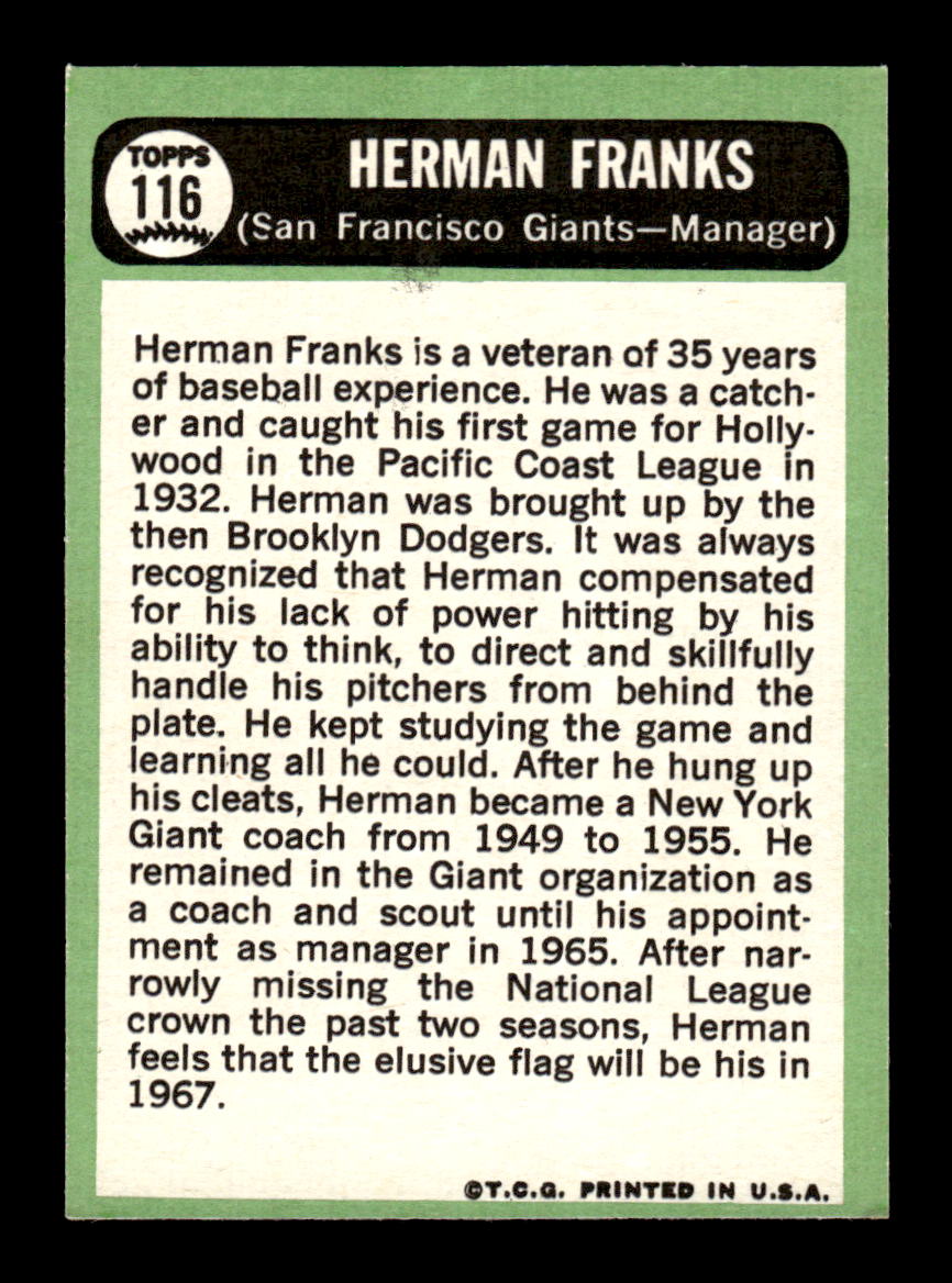 1967 Topps #116 Herman Franks PACK FRESH HOF10010203