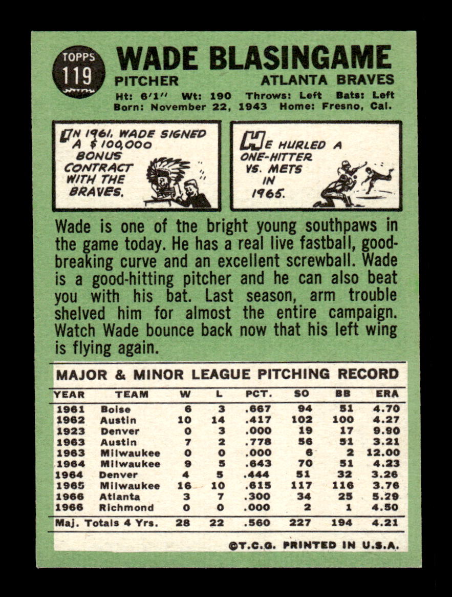 1967 Topps #119 Wade Blasingame PACK FRESH HOF10010206