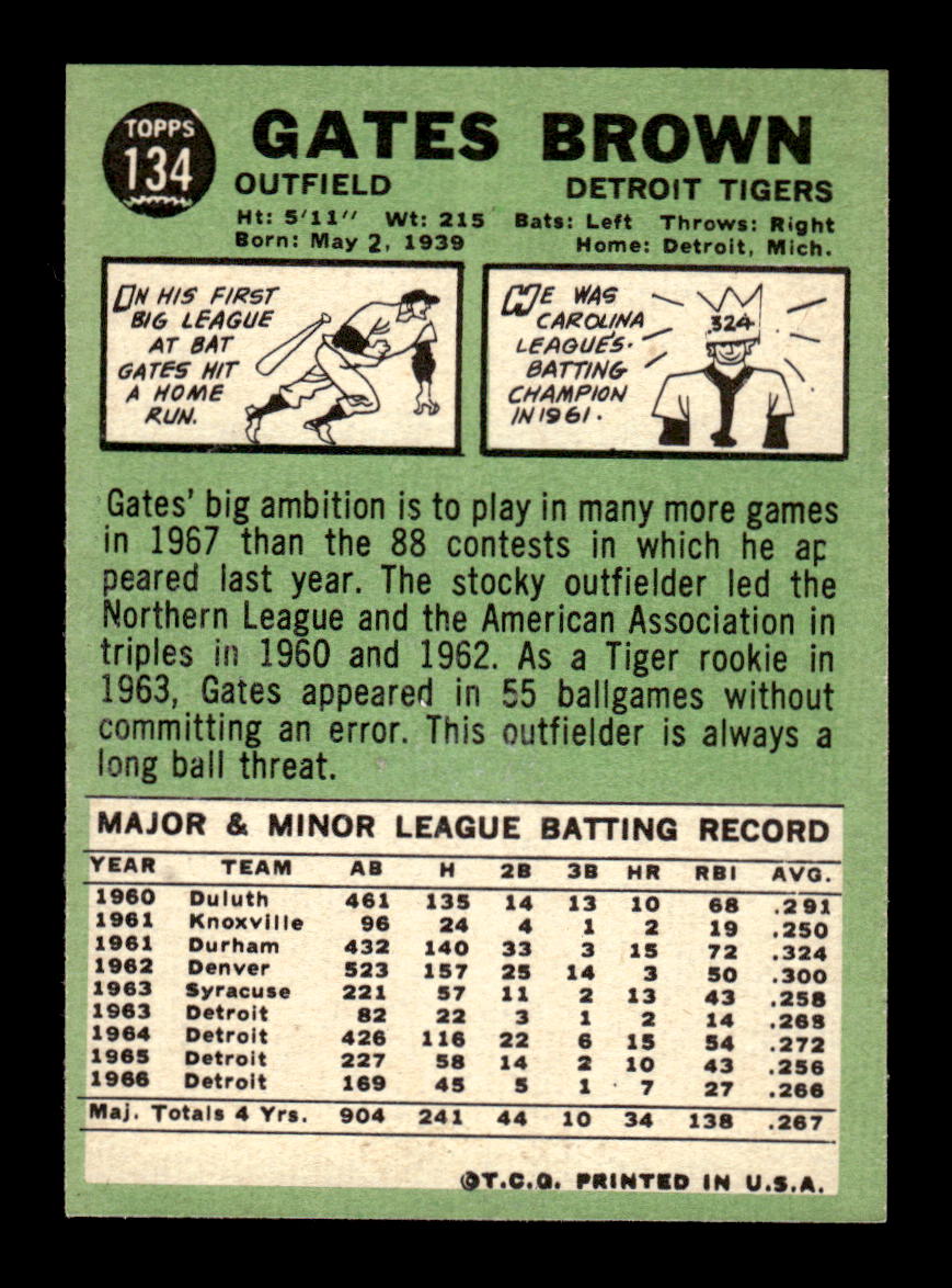 1967 Topps #134 Gates Brown PACK FRESH HOF10010221