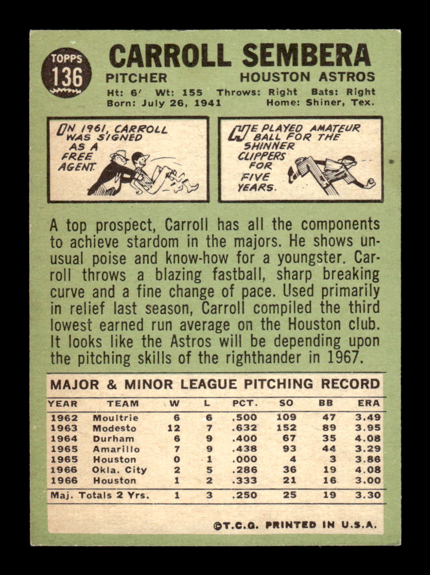1967 Topps #136 Carroll Sembera PACK FRESH HOF10010223