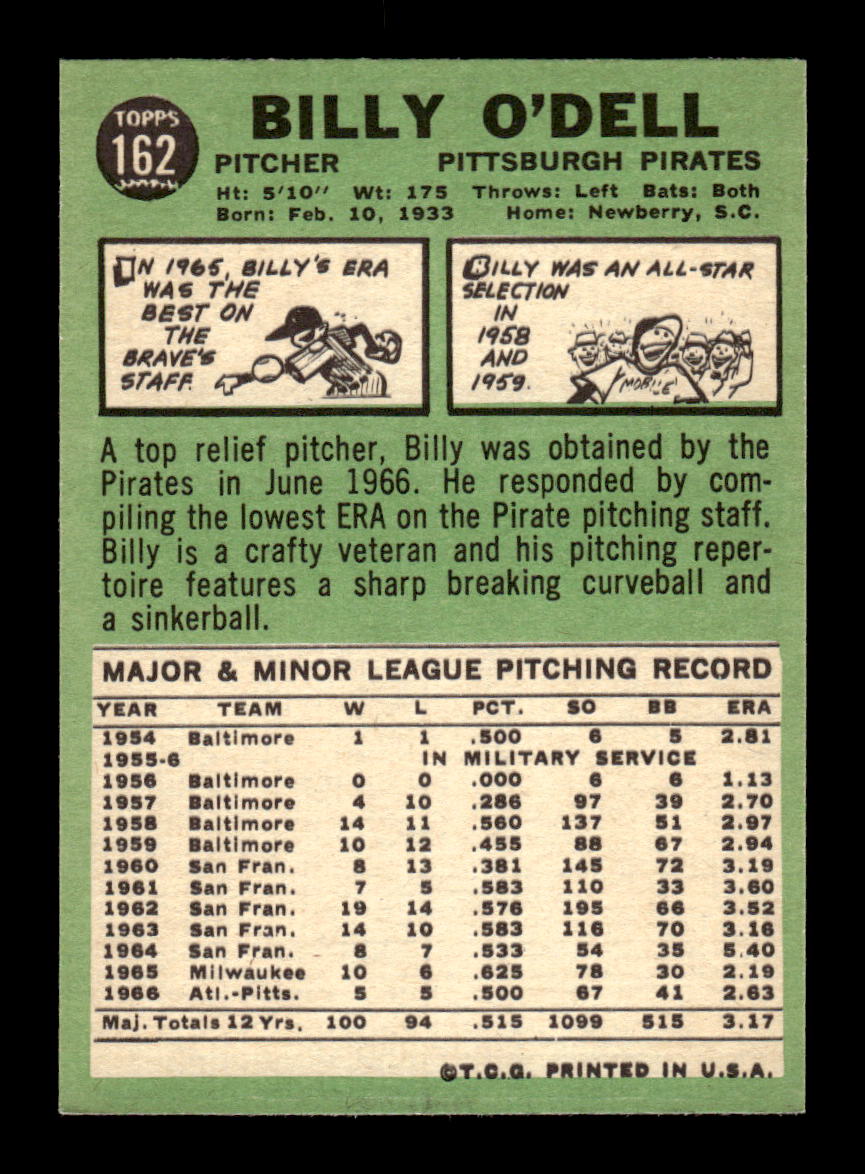 1967 Topps #162 Billy O'Dell PACK FRESH HOF10010246