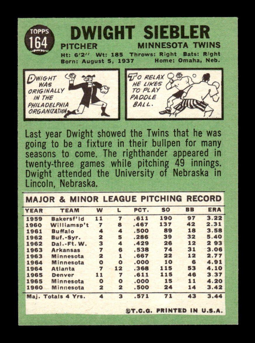 1967 Topps #164 Dwight Siebler PACK FRESH HOF10010248