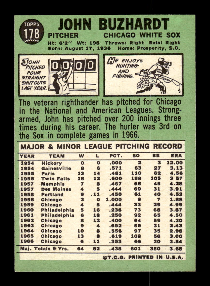 1967 Topps #178 John Buzhardt PACK FRESH HOF10010261