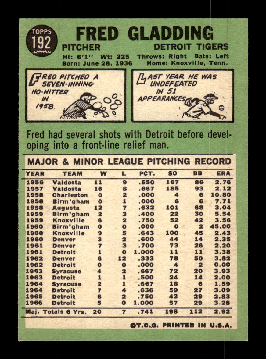 1967 Topps #192 Fred Gladding PACK FRESH HOF10010273